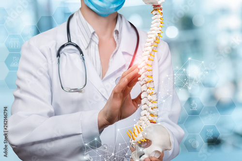 Cuadros en Lienzo A physiotherapist with a stethoscope examining a spine model .