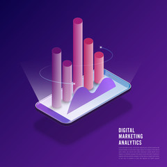 Fototapete - Flat design concept digital marketing analysis data information of customer with businessman and woman standing via computer. Vector illustrator.