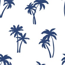 Half-drop Seamless Repeat Pattern With Navy Blue Palm Trees 
