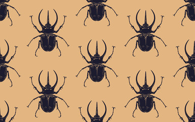 Seamless pattern with insects. Black beetles on gold background.