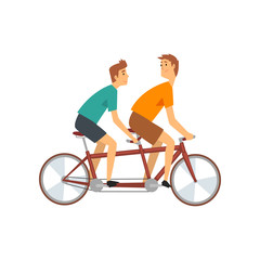 Two Men Riding Tandem Bike, Male Cyclists Characters on Bicycle Vector Illustration