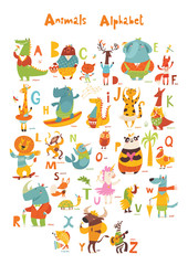 Vector animals abc with cute cartoon animals and letters. 