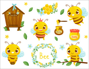 Poster - Set of bee, honey and other beekeeping illustration. Vector. Cartoon style.