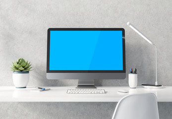 Poster - Modern black and silver computer on white desktop concrete interior mockup 3D rendering