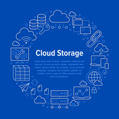 Poster - Cloud data storage circle poster with line icons. Database background, information, server center, global network, backup, security vector illustrations. Technology blue white template