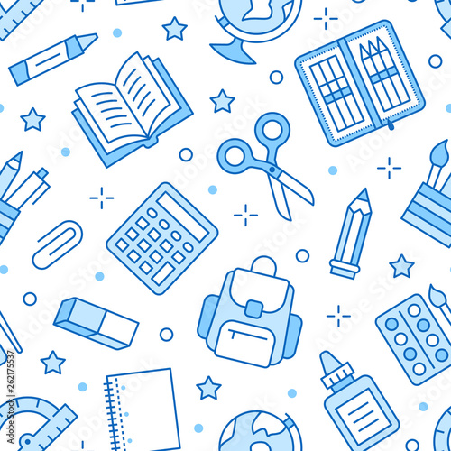 School Supplies Seamless Pattern With Line Icons Study Tools Background Globe Calculator Book Pencil Scissors Notebook Vector Illustration Blue White Wallpaper For Stationery Sale Brochure Stock Vector Adobe Stock