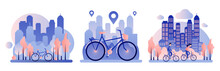 Bike Rental. Background The City With Skyscrapers. Flat Style. Vector Illustration