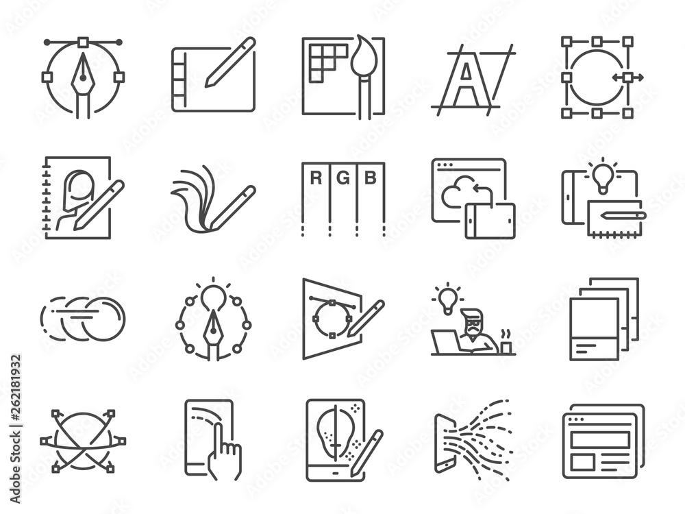 Digital design line icon set. Included icons as graphic designer, layout, tablet, mobile app, web design and more. - obrazy, fototapety, plakaty 