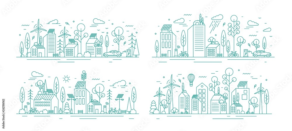 Bundle of urban landscapes with eco city using modern ecologically friendly technologies - wind power, solar energy, electric transportation. Monochrome vector illustration in line art style. - obrazy, fototapety, plakaty 