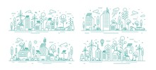 Bundle Of Urban Landscapes With Eco City Using Modern Ecologically Friendly Technologies - Wind Power, Solar Energy, Electric Transportation. Monochrome Vector Illustration In Line Art Style.