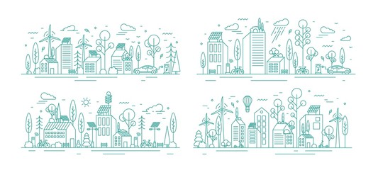 Bundle of urban landscapes with eco city using modern ecologically friendly technologies - wind power, solar energy, electric transportation. Monochrome vector illustration in line art style.