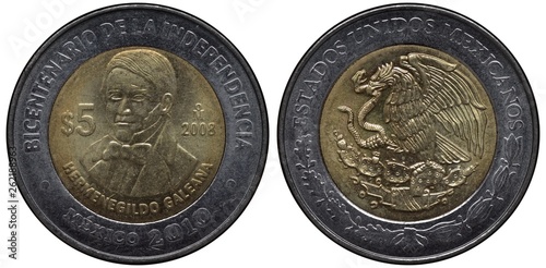 Cuadros en Lienzo Mexico Mexican bimetallic coin 5 five pesos 2008, subject Bicentenary of Indepen