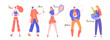 © fedrunovan - Set characters engaged in favorite things. Various hobbies and activities: playing on a computer or set-top box, listening to music and dancing, tennis, fishing, gardening. Bright vector illustration.
