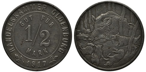 Germany German City of Oldenburg emergency World War I token 1/2 half mark 1917, value within central circle, date below flanked by oak leaves, wild boar in the forest fighting with hunting dogs, 