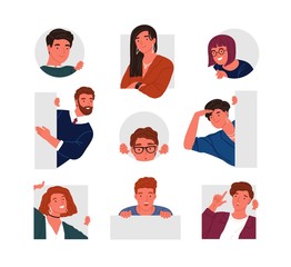 collection of peeping people isolated on white background. set of portraits of funny curious young m