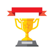 Cup Winner And Ribbon Creative Icon Vector Illustration In Flat Style Design. Champion Award Concept Sign. Leadership Happy Successful. Victory Prize Tropy Graphic Design Symbol. 