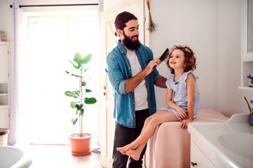 Wall Mural - A young father brushing hair of small daughter in bathroom at home.