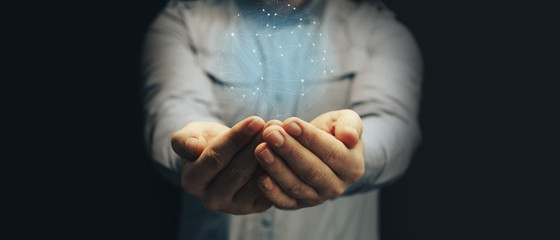 Poster - Man holding in palm Social connection technologies. Mixed media.