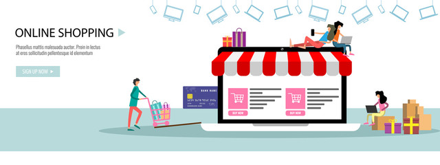 Online shopping or online store concept Landing page template or banner with tiny people big laptop credit card. Flat color vector illustration.
