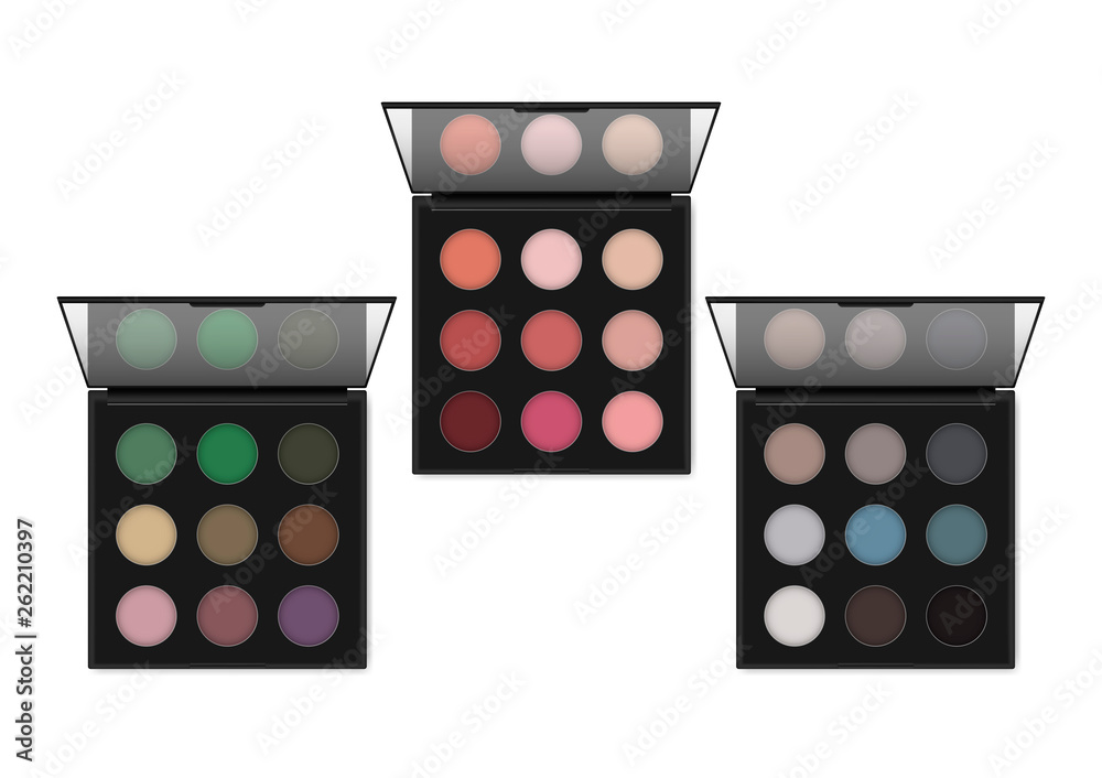 Make-up eyeshadow palette, realistic illustration. Makeup container set. Open color eye shadow kit case with mirror, vector template - obrazy, fototapety, plakaty 
