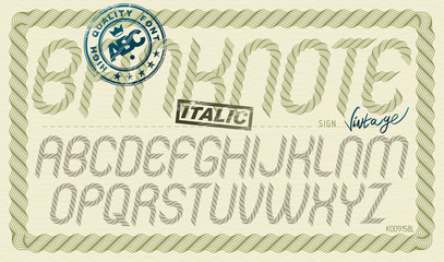 Poster - Vector font from a to z created using guilloche ornate, decorate waves. For use as bank notes or bonds design.