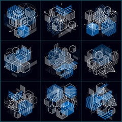 Fototapete - 3d abstract vector isometric backgrounds. Layouts of cubes, hexagons, squares, rectangles and different abstract elements. Vector collection.