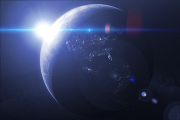 Wall Mural - sun ray over the earth, view from space, elements of this image furnished by nasa b