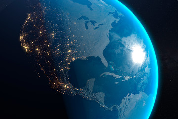 Wall Mural - close up planet earth surface, cities glowing at night, elements of this image furnished by nasa b