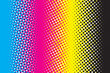 Abstract CMYK color mode structure in form of gradient with color halftone filter. Background for poster for graphic design learners. Structure of Cyan Magenta Yellow Black scheme print on paper