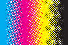 Abstract CMYK Color Mode Structure In Form Of Gradient With Color Halftone Filter. Background For Poster For Graphic Design Learners. Structure Of Cyan Magenta Yellow Black Scheme Print On Paper