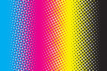 Abstract CMYK color mode structure in form of gradient with color halftone filter. Background for poster for graphic design learners. Structure of Cyan Magenta Yellow Black scheme print on paper