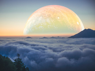 Wall Mural - traveling young man and huge planet in the sky b