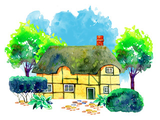 Scene with old stone Europe village house, trees, bushes and plants. Hand drawn watercolor illustration with blue background