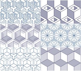 Poster - Geometric cubes abstract seamless patterns set, 3d vector backgrounds collection. Technology style engineering line drawing endless illustrations.