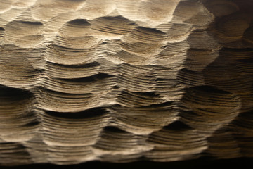 Carved wood waves texture, background. Raw carved wooden surface for abstract background. Wooden back-lit sea waves.