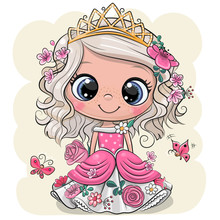 Cartoon Princess With Flowers On A Yellow Background