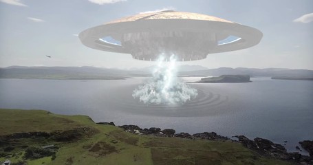 alien spaceship hovering over sea sendig beam of laser light to the sea with helicopters powerful vi