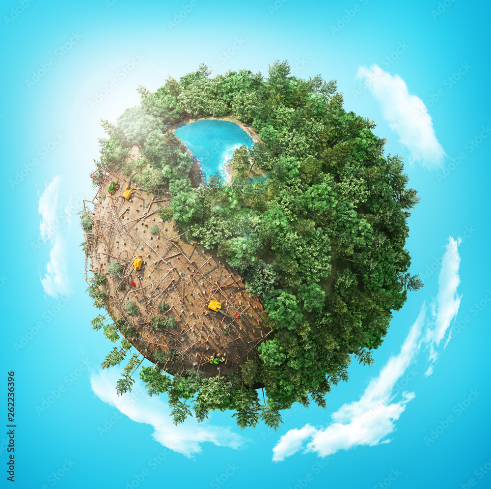 Cutting down of tree. Ecology concept. Stumps in the planet. 3d illustration - obrazy, fototapety, plakaty 