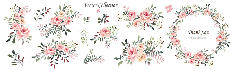 Vector. Wreaths.  Botanical collection of wild and garden plants. Set: leaves, flowers, branches, pink roses,floral arrangements, natural elements.