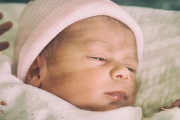 Wall Mural - Newborn girl sleeping in the cradle