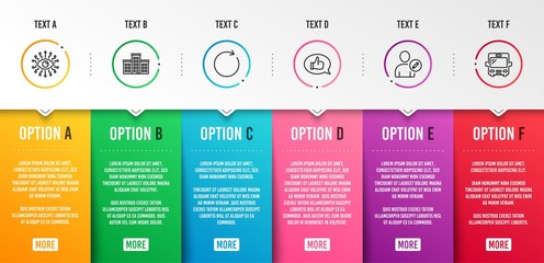 Poster - Artificial intelligence, Synchronize and Company icons simple set. Feedback, Edit user and Bus signs. All-seeing eye, Refresh or update. Technology set. Infographic template. 6 steps timeline. Vector