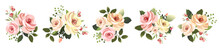 Vector Illustration. Botanical Collection. Set Of Romantic Bouquets. Flower Arrangements Of Leaves And Pink Roses .