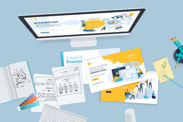 Wall Mural - creative workspace concept, top view. flat design vector illustration for graphic and website design