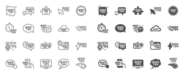 Poster - Quick tips line icons. Set of Helpful tricks, Solution and Quickstart guide linear icons. Tutorial, helpful tips and turning tricks. Hand hold smartphone, Quick chat, tutorial, whistle signs. Vector