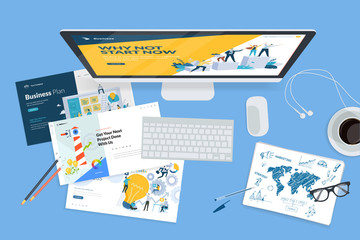 Creative workspace concept, top view. Flat design vector illustration for graphic and website design and development, creative process, business planning, strategy and presentation, internet marketing