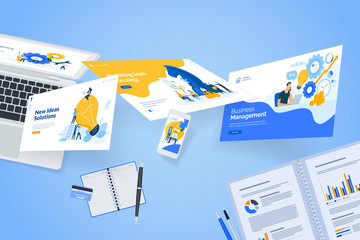 Creative workspace concept, top view. Flat design vector illustration for graphic and website design and development, creative process, business planning, strategy and presentation, internet marketing