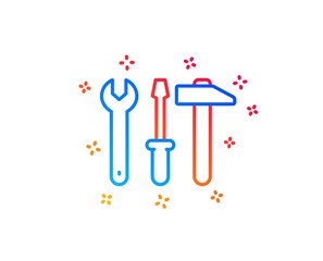 Spanner, hammer and screwdriver line icon. Repair service sign. Fix instruments symbol. Gradient design elements. Linear spanner tool icon. Random shapes. Vector