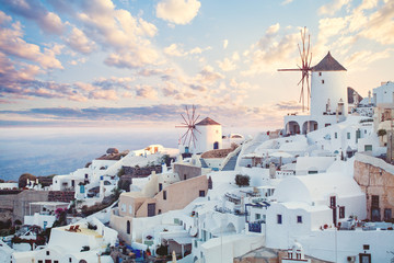 Wall Mural - Beautiful Santorini landscape, Greece landmark. Clouds sky and coastline