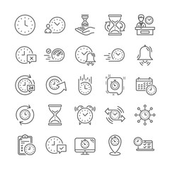 Poster - Time line icons. Set of Delivery service, Time management timer and Calendar linear icons. Checklist, Stopwatch timer and hourglass. 24 hours and Presentation, calendar, checklist test. Vector
