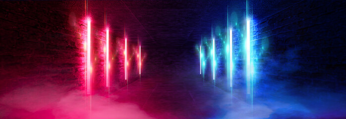 Fototapete - Light tunnel, dark long corridor room with neon lamps. Abstract red neon, background with smoke and neon light. Concrete floor, symmetrical reflection and mirroring. 3D illustration.